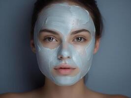 ein Mädchen mit ein Weiß Lehm Maske auf ihr Gesicht. natürlich Kosmetika, Haut Pflege. Studio Foto, neutral Hintergrund, Nahansicht foto