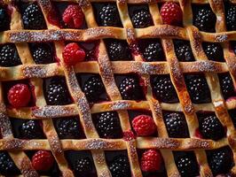 Beere Kuchen gefüllt mit Himbeeren und Brombeere, dekoriert mit ein Gittergewebe von Teig. Textur Hintergrund. ästhetisch Foto