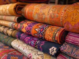 Erfassung das kompliziert Schönheit von Textil- Weberei Muster von ein dynamisch gekippt Winkel Standpunkt veranschaulichen das kulturell Bedeutung und Geschichten gewebte in jeder kompliziert Design foto