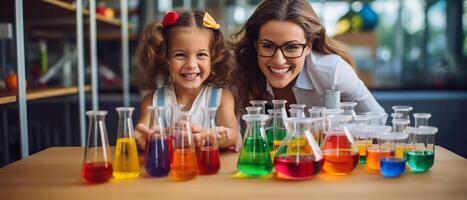 Lehrer und Kinder um ein Wissenschaft Experiment, beschwingt Farben, Vorderseite Aussicht foto