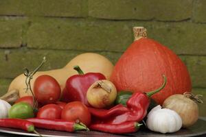 ein Teller mit frisch Gemüse gepflückt frisch von das Garten foto