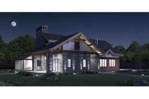 3d machen von ein modern Privat Haus Stein Textur Fassade, beleuchtet Nacht Aussicht foto