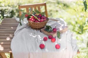 Äpfel im ein Korbweide Korb und ein Buch auf ein Tabelle im das Garten foto