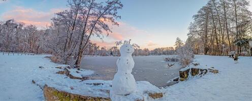 Bild Über ein gefroren See im das Morgen Licht mit ein Schneemann foto