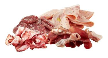 Schweinefleisch, Bologna Scheiben, Salami Schnitt aus isoliert Weiß Hintergrund mit Ausschnitt Pfad foto