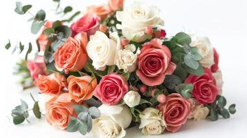 elegant Strauß von Rosa und Weiß Rosen mit Eukalyptus Blätter auf ein Weiß Hintergrund. foto