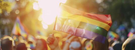 Person winken Regenbogen Flagge beim Stolz Parade oder Festival, lgbt Konzept mit verschwommen Menge und Bokeh Hintergrund, sonnig Tag foto