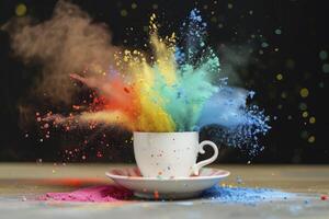 bunt Pulver Explosion von ein Kaffee Tasse, ein bunt Spritzen von Farbe Explosion. foto