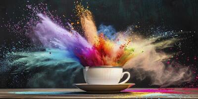 bunt Pulver Explosion von ein Kaffee Tasse, ein bunt Spritzen von Farbe Explosion. foto