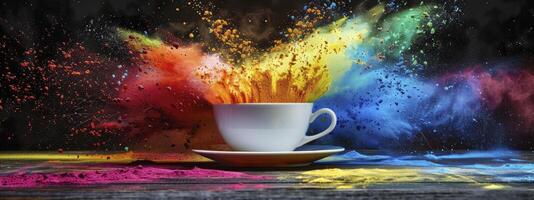 bunt Pulver Explosion von ein Kaffee Tasse, ein bunt Spritzen von Farbe Explosion. foto