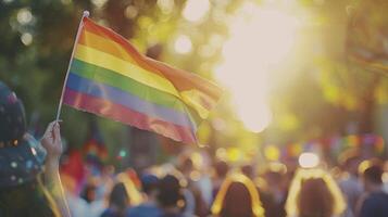 Person winken Regenbogen Flagge beim Stolz Parade oder Festival, lgbt Konzept mit verschwommen Menge und Bokeh Hintergrund, sonnig Tag foto