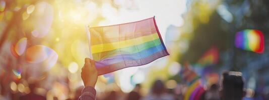Person winken Regenbogen Flagge beim Stolz Parade oder Festival, lgbt Konzept mit verschwommen Menge und Bokeh Hintergrund, sonnig Tag foto