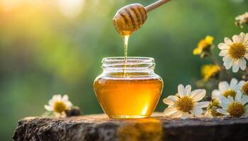 Honig tropft von ein Honig Schöpflöffel mit Natur Hintergrund foto