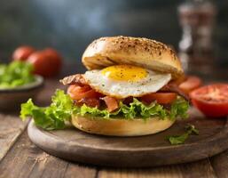 Bagel Sandwich mit Speck gebraten Ei Tomate und Grüner Salat foto