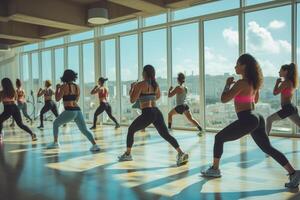 Gruppe von Latein amerikanisch Frauen im Fitness Kleidung tun Übung im das Fitnessstudio foto