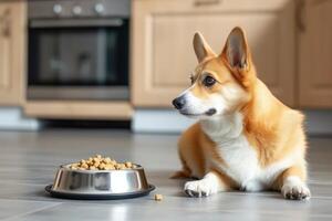 Corgy ist Lügen auf das Fußboden in der Nähe von das rostfrei Stahl Schüssel von trocken knabbern Hund Essen foto