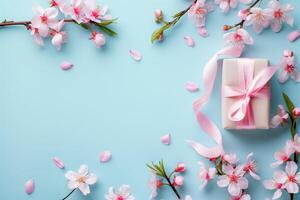 Frühling Pastell- Farben Banner auf Blau Geschenk Box mit Blumen foto