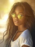 ein fotorealistisch Porträt von ein afrikanisch amerikanisch Frau im Sonnenbrille foto