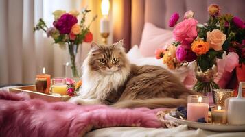 Haustier freundlich Hotel Konzept. Katze ist auf das groß Bett im Hotel Zimmer. Reisen mit Haustiere. emotional Unterstützung Konzept. foto