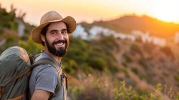 glücklich Mann mit Rucksack zum Wandern Berg, Reise oder Besichtigung foto