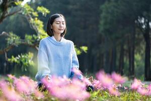 asiatisch Frau ist tun Meditation Mudra im Wald mit Frühling Birne Blume im Blühen Jahreszeit zum innere Frieden, Achtsamkeit und Zen trainieren foto