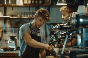 Fachmann Barista unterrichtet jung Mann Wie zu machen Kaffee. foto