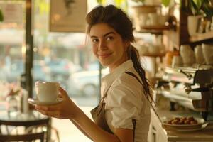 jung Kellnerin Portion Kaffee beim Cafe foto