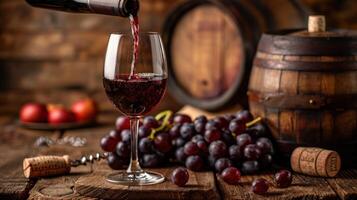 rot Wein Sein gegossen von ein Glas Flasche in ein Wein Glas auf ein hölzern Tabelle foto