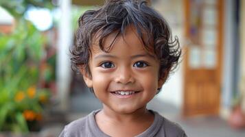 Nahansicht von ein Kind mit ein froh Lächeln suchen direkt beim das Kamera foto