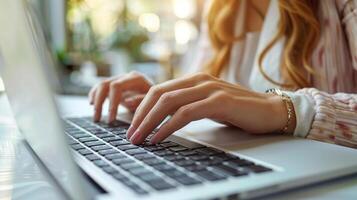 ein Frau Sitzung beim ein Tisch, Tippen auf ein Laptop Computer foto