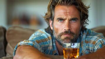 Mann im beiläufig Kleidung sitzend auf ein Couch, halten ein Glas von Bier foto