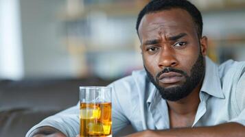 ein Mann sitzend beim ein Tisch, halten ein Glas von Bier foto