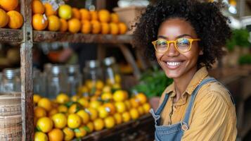 Frau tragen Brille steht durch frisch Früchte beim ein Markt foto