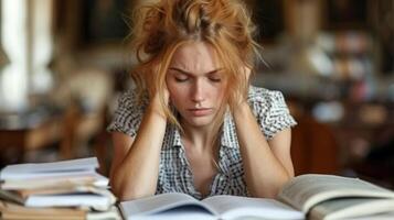 ein Frau Sitzung beim ein Tabelle mit ein Buch im Vorderseite von ihr foto