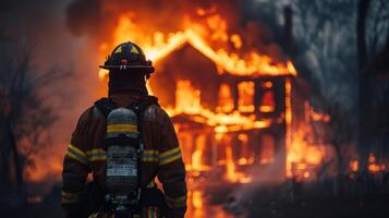 ein Feuerwehrmann steht im Vorderseite von ein Haus auf Feuer, bereit zu Schlacht das Flammen foto