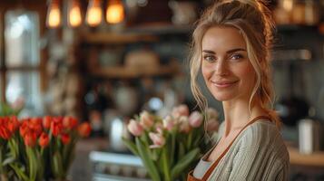 ein Frau Stehen unter ein Bündel von bunt Blumen foto