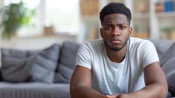 ein Mann ist sitzend auf oben von ein Couch im ein Leben Zimmer Rahmen foto