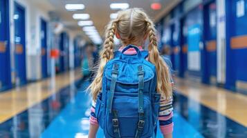 ein Mädchen Tragen ein Blau Rucksack Spaziergänge durch ein Flur foto