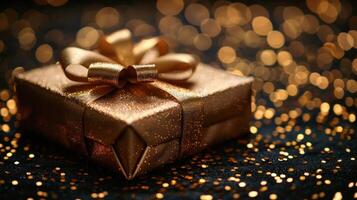 ein glänzend Gold Geschenk Box geschmückt mit ein dekorativ Bogen foto