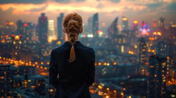 ein Frau selbstbewusst steht auf das Kante von ein Wolkenkratzer, mit Blick auf das Stadt unten foto