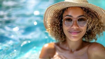 ein Frau entspannt sich im Sonnenbrille und ein Hut während schwebend im ein Schwimmbad foto
