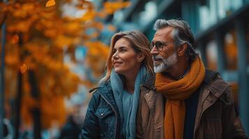 ein Mann und ein Frau sind Gehen zusammen Nieder ein städtisch Straße foto