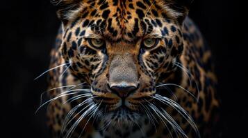 ein detailliert Aussicht von ein Leoparden Gesicht gegen ein dunkel Hintergrund foto