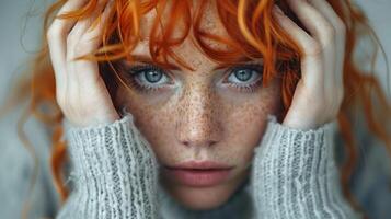 ein Frau mit sommersprossig Haar und Blau Augen suchen beim das Kamera foto