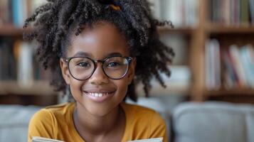ein jung Mädchen tragen Brille eingetaucht im lesen ein Buch foto