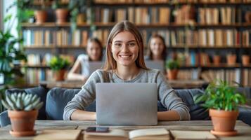 ein Frau sitzend beim ein Tisch, konzentriert auf ihr Laptop foto