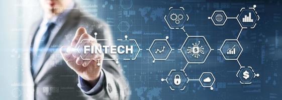 Fintech-Investitions-Finanztechnologiekonzept. 3D virtueller Bildschirm foto