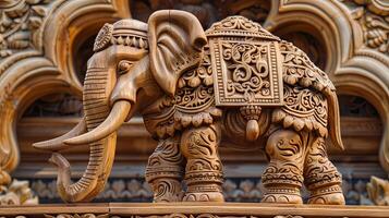 hölzern Elefant Skulptur mit lebensecht Einzelheiten und sorgfältig Carving ai Bild foto