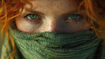 Nahansicht von ein Frau mit beschwingt rot Haar und auffällig Blau Augen foto