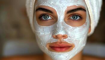 ein Frau mit ein Weiß Maske Abdeckung ihr Gesicht foto